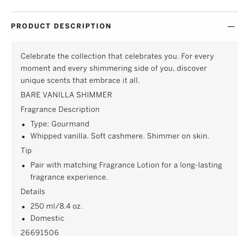 Victoria's Secret Bare Vanilla Shimmer Body Splash 250ml product description
